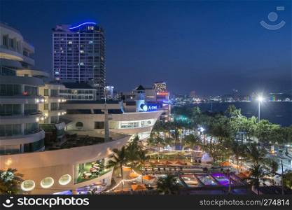 two Hotels in Ship Style with skyline at the Beach road in the city of Pattaya in the Provinz Chonburi in Thailand.  Thailand, Pattaya, November, 2018. THAILAND PATTAYA SKYLINE BEACH ROAD