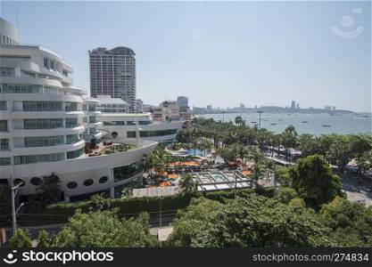 two Hotels in Ship Style with skyline at the Beach road in the city of Pattaya in the Provinz Chonburi in Thailand.  Thailand, Pattaya, November, 2018. THAILAND PATTAYA SKYLINE BEACH ROAD