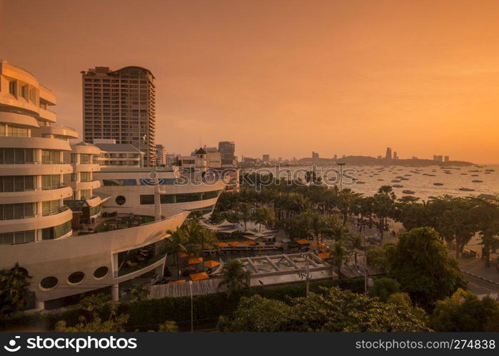 two Hotels in Ship Style with skyline at the Beach road in the city of Pattaya in the Provinz Chonburi in Thailand.  Thailand, Pattaya, November, 2018. THAILAND PATTAYA SKYLINE BEACH ROAD