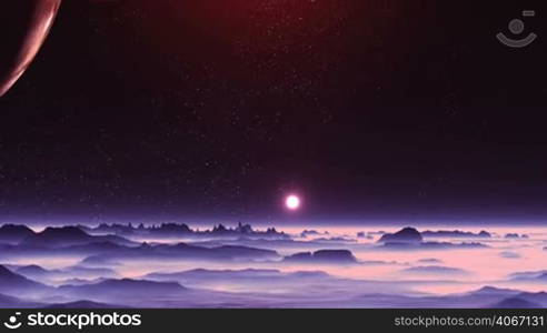 Two huge moon illuminated by red light of the distant sun. Second sun hangs over the misty horizon. In the dark sky bright stars. Dark hills and rocks are covered with thick pink fog.