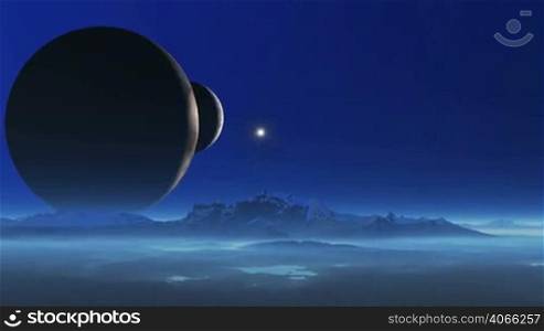 Two huge planet lit a bright star. On the blue sky bright stars. Beneath the low mountains covered with snow. Above the surface and horizon, alien planet white mist. The camera quickly flies toward the planets.