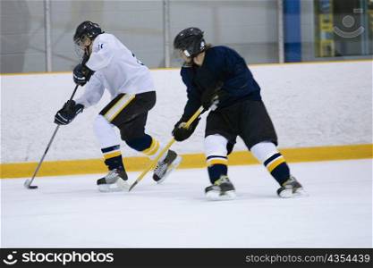Two ice hockey players playing ice hockey