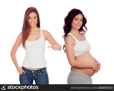Two identical women before and after pregnancy