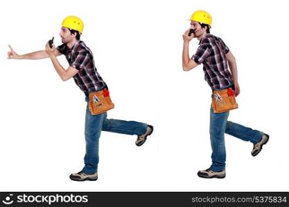 Two images of a construction worker with a walkie talkie