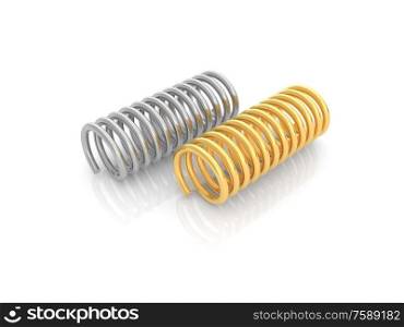 Two iron springs on a white background. 3d render illustration.. Two iron springs on a white background.