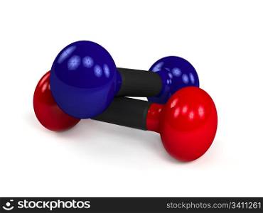 Two isolated dumbbells over white background. Computer generated image