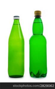 two isolated green bottle