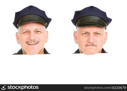 Two isolated police heads leaning over blank white space. One is happy, the other serious.