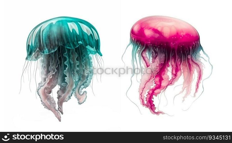 Two jellyfishes. Sea animals, isolated on white background. Ocean inhabitants. Marine life. Undersea creatures. Underwater wildlife. Beautiful jellyfish. Watercolor effect. Generative AI. Two jellyfishes. Sea animals, isolated on white background. Ocean inhabitants. Marine life. Undersea creatures. Underwater wildlife. Beautiful jellyfish. Watercolor effect. Generative AI.