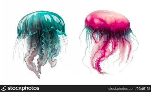 Two jellyfishes. Sea animals, isolated on white background. Ocean inhabitants. Marine life. Undersea creatures. Underwater wildlife. Beautiful jellyfish. Watercolor effect. Generative AI. Two jellyfishes. Sea animals, isolated on white background. Ocean inhabitants. Marine life. Undersea creatures. Underwater wildlife. Beautiful jellyfish. Watercolor effect. Generative AI.