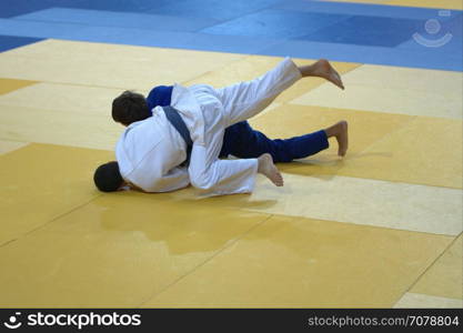 Two judoka in kimono compete on the tatami