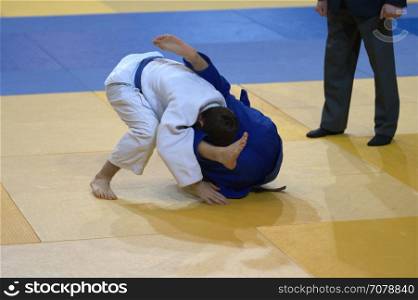 Two judoka in kimono compete on the tatami