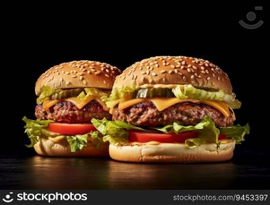 Two juicy cheeseburgers with tomato and lettuce on dark table.AI Generative
