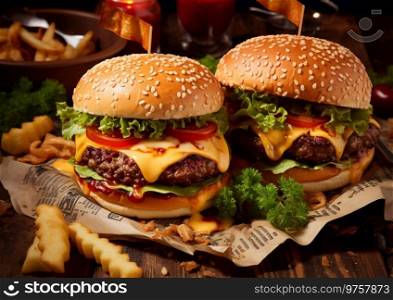 Two juicy tasty beef cheeseburgers with lettuce and sauce and chips on paper background in restaurant.AI Generative