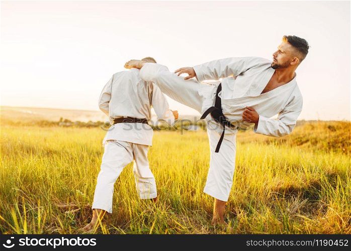 Two karate fighters, kick in the stomach in action, training fight in summer field. Martial art fighters on workout outdoor, technique practice. Two karate fighters, kick in the stomach