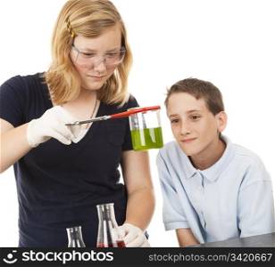 Two kids doing science experiment in chemistry class. White background.
