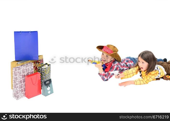two kids shooting to some shopping bags