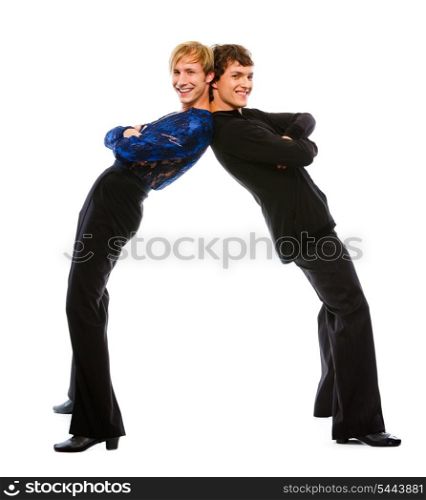 Two latino male dancers funny posing on white background &#xA;