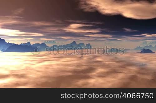 Two layers of clouds floating over the mountain landscape. Lower thick layer dissipates and becomes visible mountains, valleys and lakes. Above the horizon haze. The bright light of the sun illuminates the top layer of cloud below. The whole landscape has a copper shade.