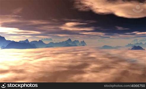 Two layers of clouds floating over the mountain landscape. Lower thick layer dissipates and becomes visible mountains, valleys and lakes. Above the horizon haze. The bright light of the sun illuminates the top layer of cloud below. The whole landscape has a copper shade.