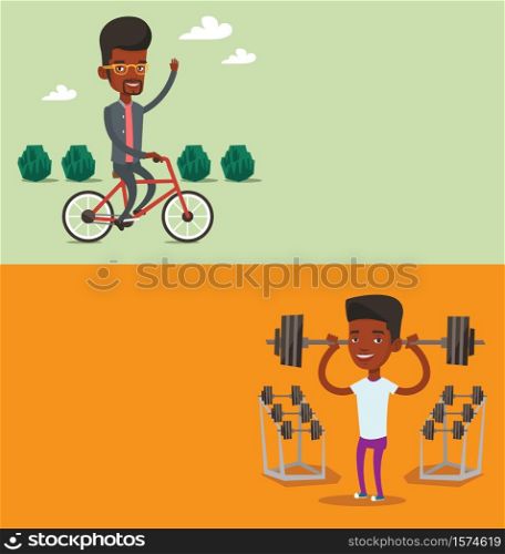 Two lifestyle banners with space for text. Vector flat design. Horizontal layout. African-american man lifting a heavy weight barbell. Man doing exercise with barbell. Weightlifter holding a barbell.. Two lifestyle banners with space for text.