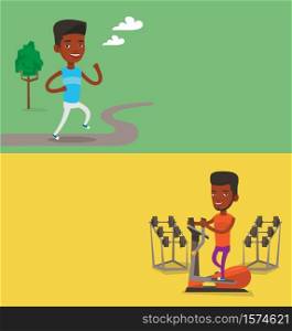 Two lifestyle banners with space for text. Vector flat design. Horizontal layout. Young man running outdoors. Sportsman running in the park. African man exercising on elliptical trainer in the gym.. Two lifestyle banners with space for text.