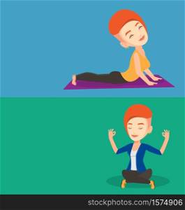 Two lifestyle banners with space for text. Vector flat design. Horizontal layout. Business woman meditating in yoga lotus position. Businesswoman relaxing in the yoga lotus position. Woman doing yoga.. Two lifestyle banners with space for text.
