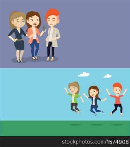 Two lifestyle banners with space for text. Vector flat design. Horizontal layout. Group of young people jumping in park. Group of cheerful friends having fun and jumping outdoors. Friendship concept.. Two lifestyle banners with space for text.