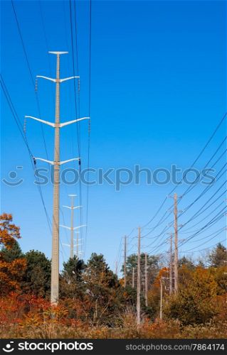 Two lines of electrical towers passing through autumn forest.