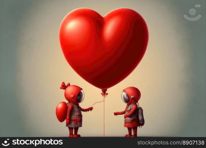 Two little astronauts in love. Giving away love in the shape of a big heart balloon. Generative AI