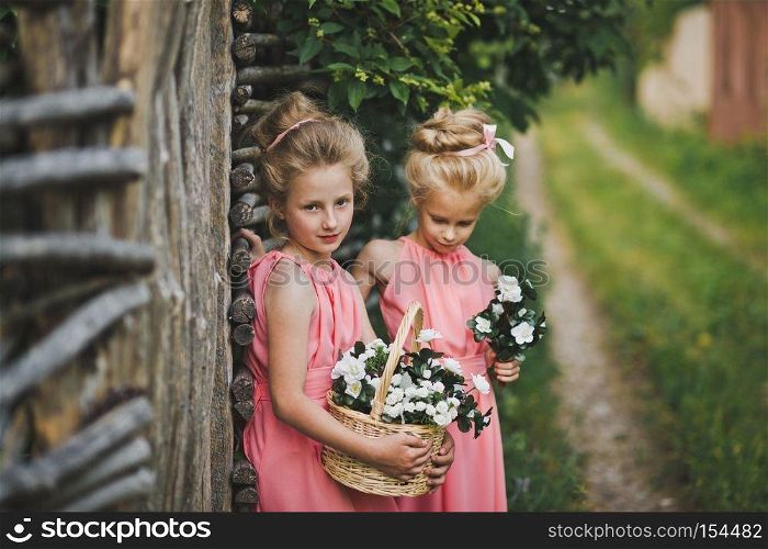 Two little bridesmaid standing at the wicker fence.. Children walk around the village hedges 6606.