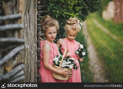 Two little bridesmaid standing at the wicker fence.. Children walk around the village hedges 6606.
