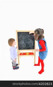 two little girls and blackboard