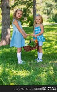 Two little girls carrying basket with organic food for picnic, outdoors