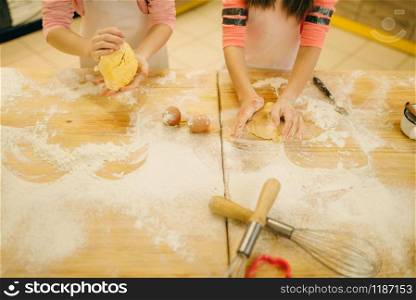 Two little girls chefs crumple the dough, cookies preparation on the kitchen, funny bakers. Kids cooking pastry, children cooks preparing cake. Little girls chefs crumple the dough, funny bakers