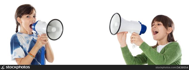Two Little girls shouting through megaphone over white background