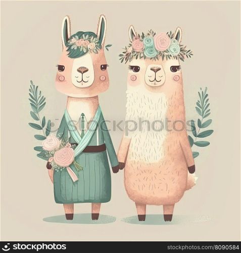 Two llamas bride and groom. Lovely wedding couple. Two cute animals Just Married concept. Two llamas bride and groom. Lovely wedding couple. Just Married