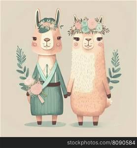 Two llamas bride and groom. Lovely wedding couple. Two cute animals Just Married concept. Two llamas bride and groom. Lovely wedding couple. Just Married