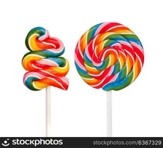 Two lollipops with many colors in a spiral isolated on a white background