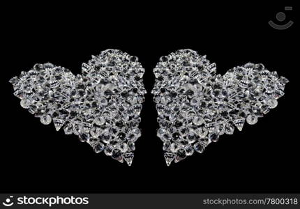 two love hearts made of diamonds on black background