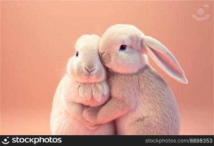 Two loving and cute rabbits kissing. Love symbol. Pink background. Gererative AI