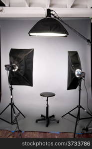 Two main lights a hair light posing stool on grey seamless in the studio