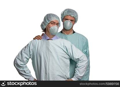 two male young doctors a over white background