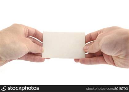 Two man hands holding note, isolated on white