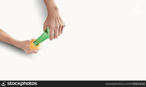 Two Man Hands With Beer Mug and bottle On White Background