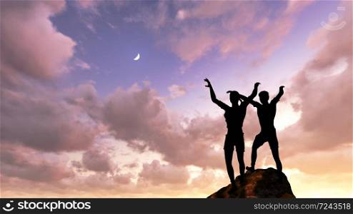 two man&rsquo; s silhouette with her hands raised in the sunset