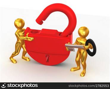 Two man with lock. 3d