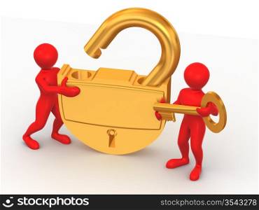 Two man with lock. 3d
