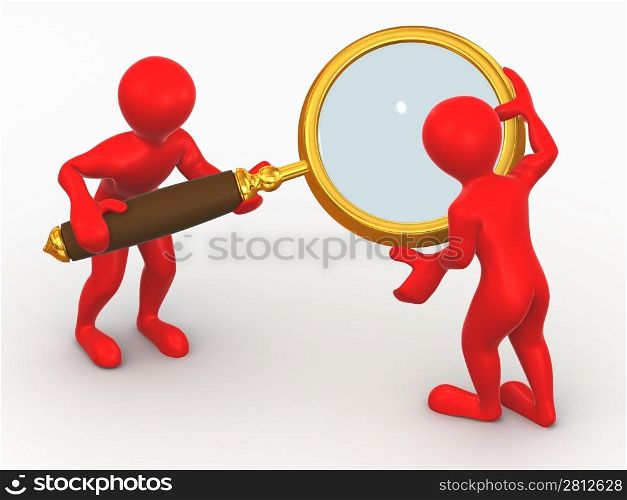 Two man with loupe. Search. 3d