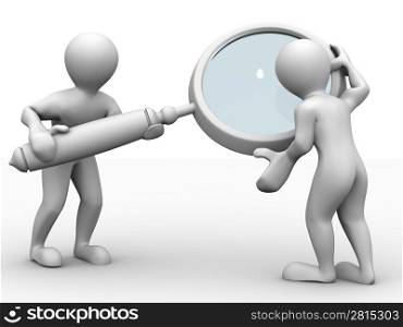 Two man with loupe. Search. 3d